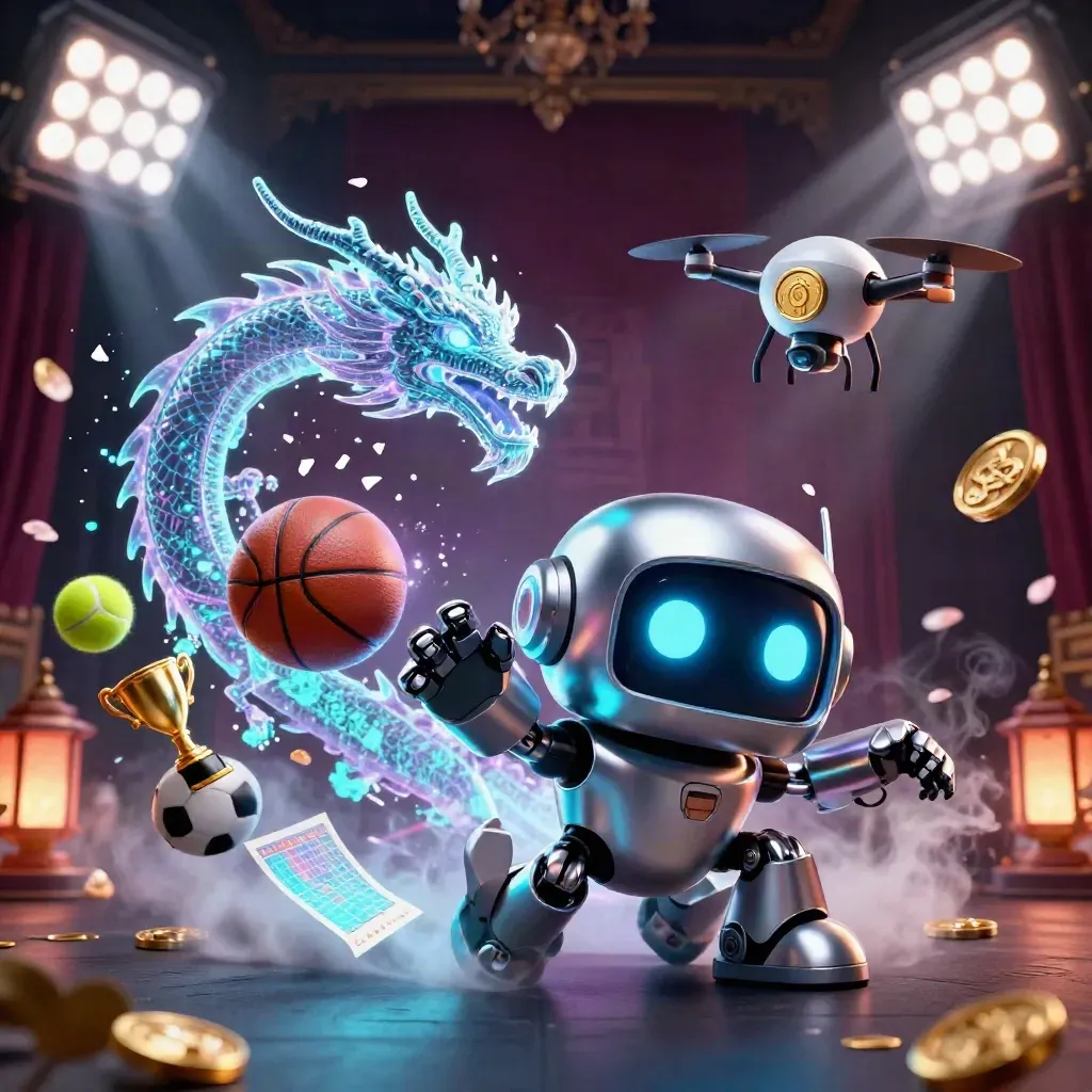 Robot mascot and holographic dragon explode around a glowing basketball under neon stadium lights.