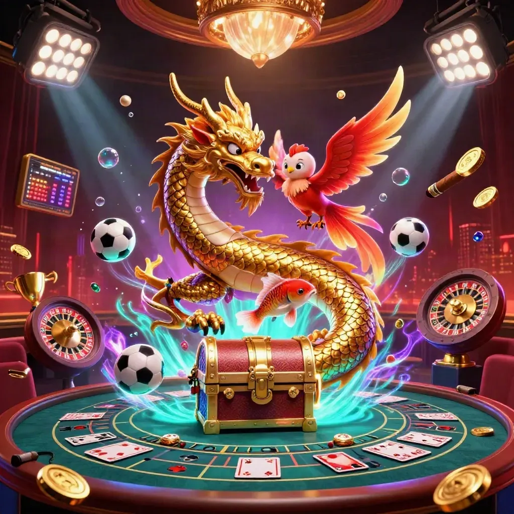 Golden dragon, phoenix, koi, casino lights, sports balls, trophy, coins, and neon effects in a luxe lounge.