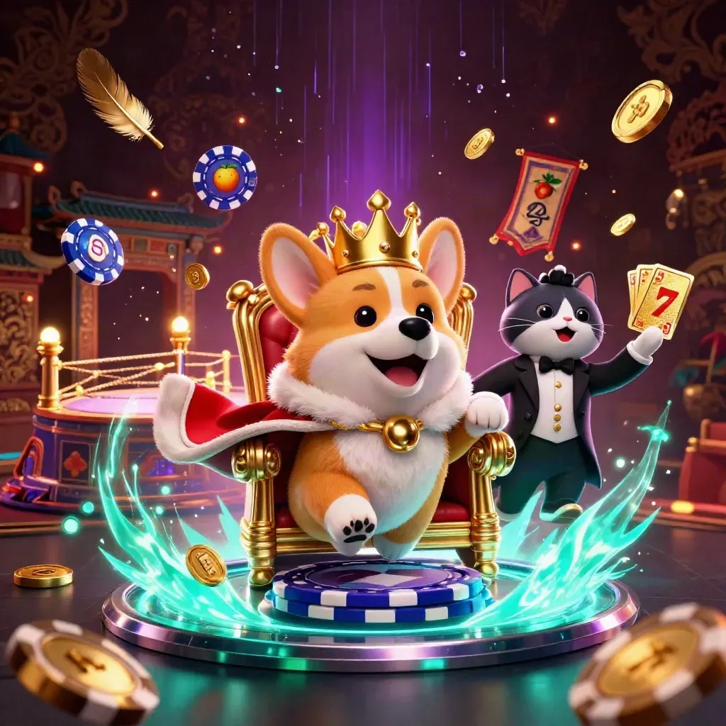 Royal corgi and cat butler amid neon treasure, ghostly casino effects, and teal lightning.