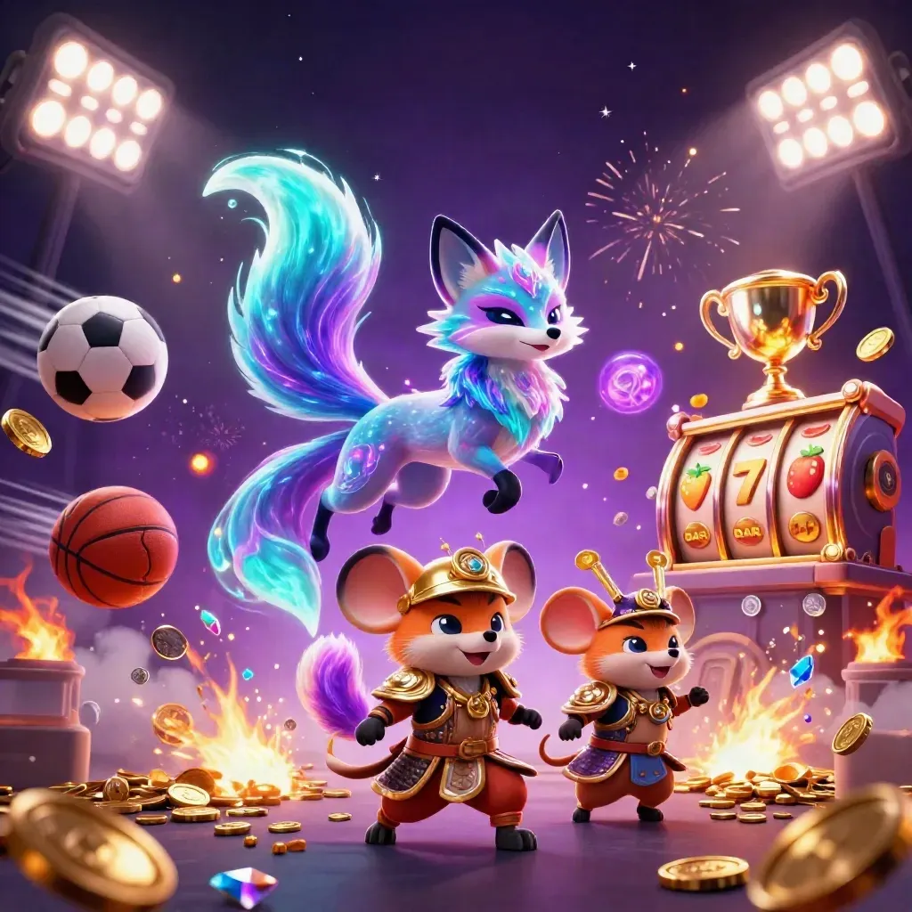 Neon fox spirit and armored mouse amid coins, reels, trophies and fireworks.