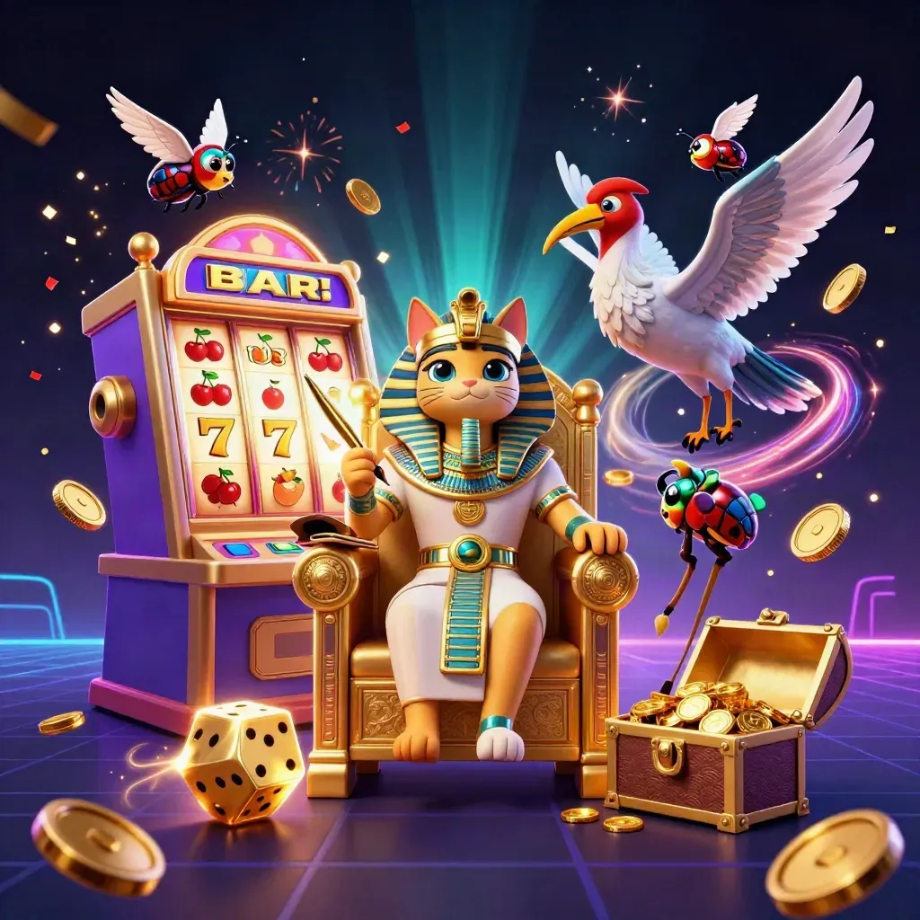 Pharaoh cat, ibis scribe, and gem-wing scarabs amid exploding slot jackpots and gold.