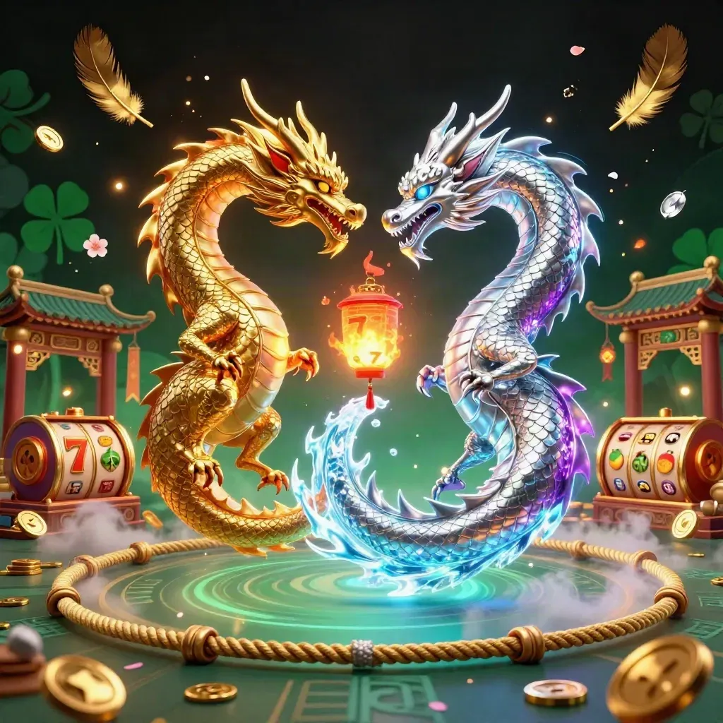 Gold and silver dragons swirl around a lantern spirit in neon slot-casino chaos