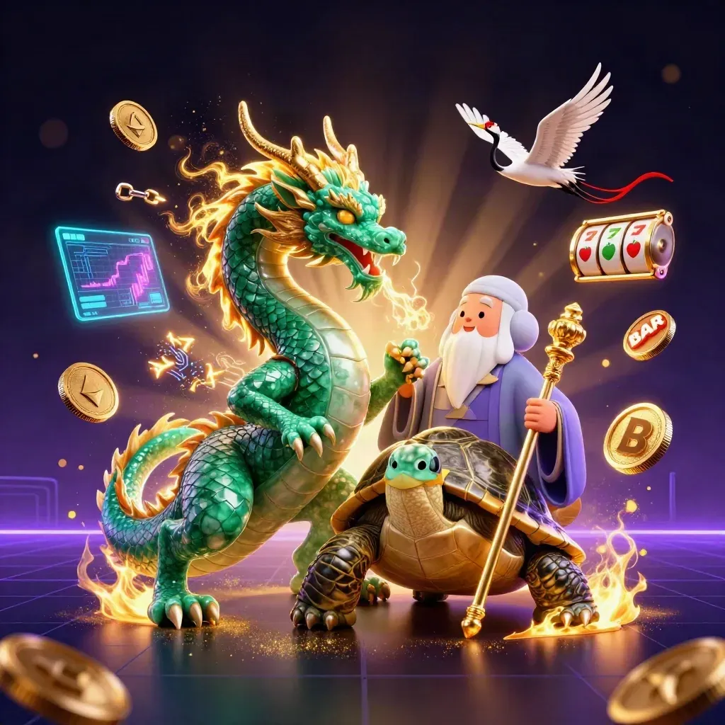 Dragon, turtle sage, and cranes amid neon casino coins, reels, and electric effects.